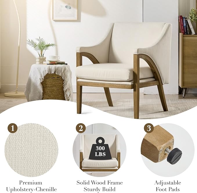 CIMOTA Mid Century Modern Accent Chairs Set of 2 with Barrel Back, Upholstered Armchair Comfy Reading Chairs with High-Rebound Foam Seat, Solid Wood Legs for Living Room/Bedroom, Linen Fabric, Beige