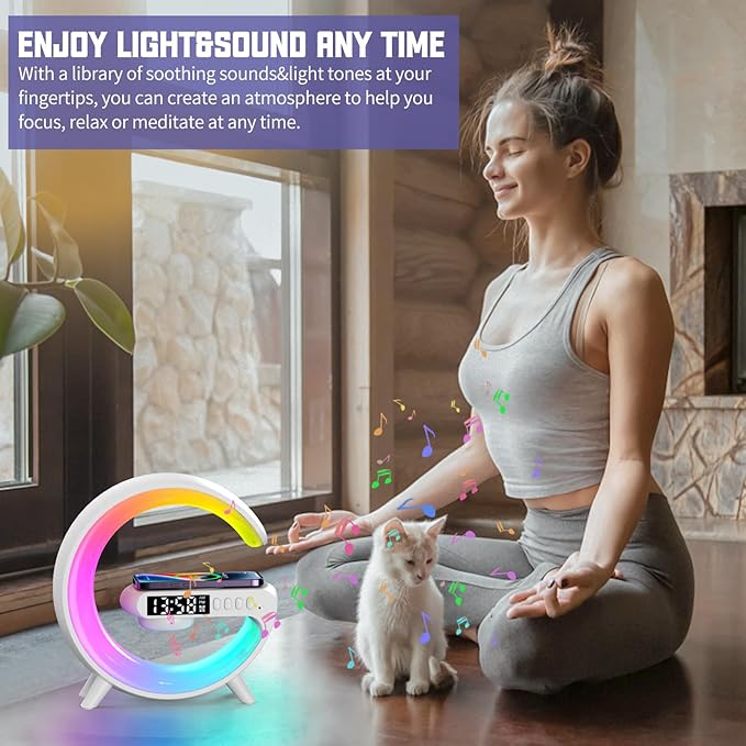 Smart LED Table Lamp, 4-in-1 Wireless Charger Smart Atmosphere Lamp, Night Light, Bluetooth Speaker & Alarm Clock for Bedroom, Office, and Home Decor(White)