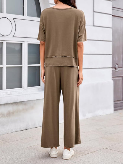 Tankaneo Womens 2 Piece Sets Casual Tracksuits Short Sleeve Tops Wide Leg Pants Outfits Lounge Sets