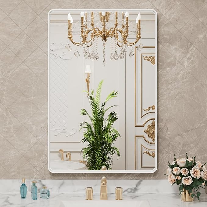 LOAAO 32x36 Inch White Metal Framed Bathroom Mirror
