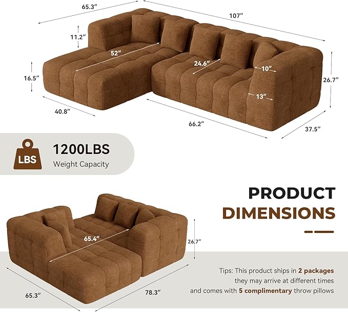 107" Boneless Couch with L - Shaped Chaise, Modern Chenille Modular Sectional Sofa with Tufted Design, Comfy Upholstered Sofa, No - Assembly Sectional Couch, Brown