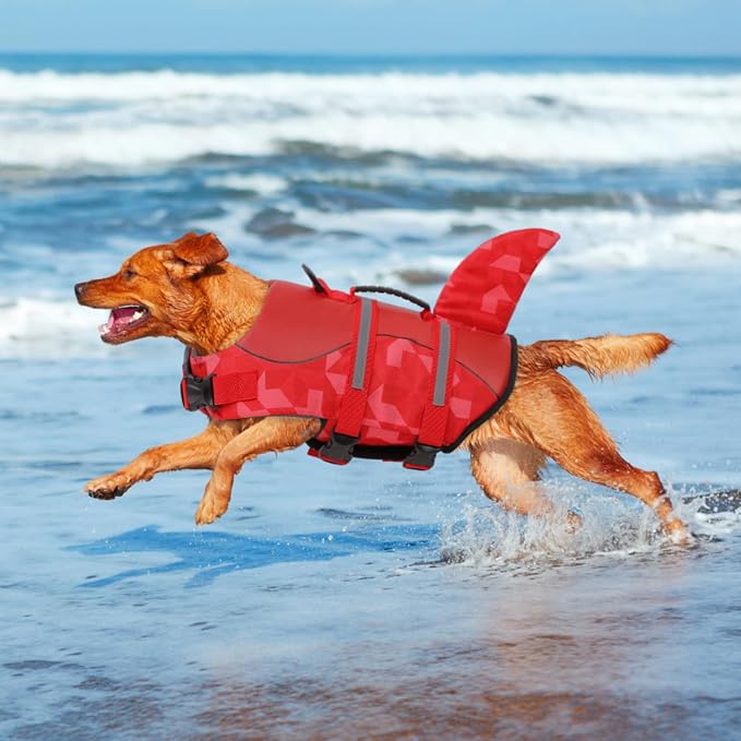 Shark Dog Life Jacket, LifeVests for Boating, High Buoyant Dog Life Vest for Swimming, Adjustable Easy On Pet Jackets for Small, Medium, Large Dogs (Red Triangle,M)