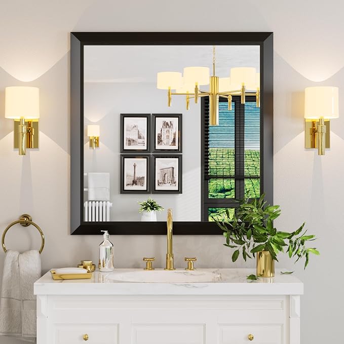 Amorho Black Bathroom Mirror, 36x36 Inch Thick Metal Framed Wall Mirrors