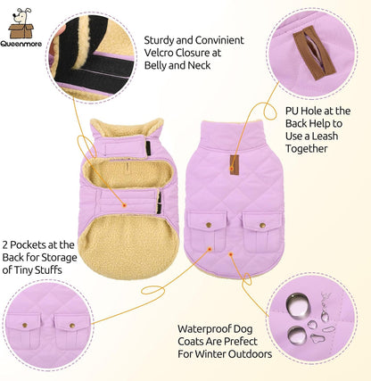 Queenmore Warm Dog Coat, Cold Weather Puffer Dog Coat Vest, Quilting Winter Pet Jacket Ultra Thick Plush Fleece Lining Pet Clothes for Dogs with Storage Pockets (Lilac, Small)