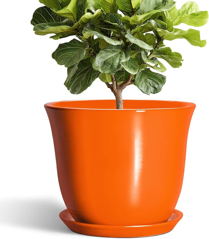 12 Inch Pots for Plants - Ceramic Planters Indoor with Drainage Hole and Saucer, Large Round Planter for Outdoor Plants, Decorative Flower Pot, Garden Decor, Plant Lover Gifts, Orange