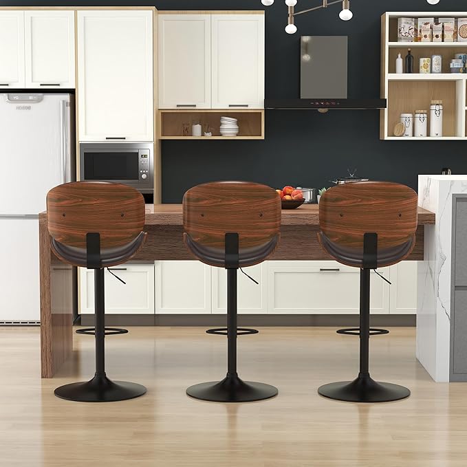 KCC Bar Stools Set of 2, Swivel Adjustable Height Barstools, PU Leather Upholstered Bar Chairs with Footrest, Bentwood Bar Stool for Kitchen, Bar, Dining Room(Brown PU)