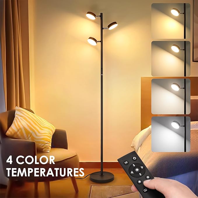 LED Tree Floor Lamp with Remote & Touch Control, 3 Heads Adjustable Dimmable Modern Floor Lamps with Timer, 4 Color Temperatures, Tall Standing Lamp for Living Room, Bedroom, Office, Black