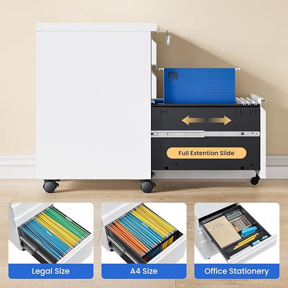 MIIIKO White Filing Cabinet 3 Drawers on Wheels Under Desk, Metal Rolling File