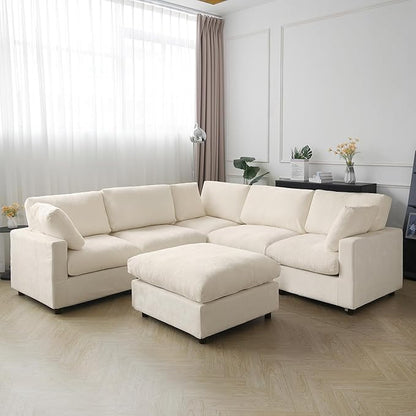 JACH V Shape Sectional Couches with Chaise Ottoman, Convertible Modular Sofa, Cloud Sectional Couch, Sofa Covers Washable, Minimalist Couch for Living Room, Apartment, Beige