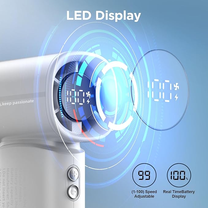 K-RUNMAN Portable Handheld Turbo Fan, 5 Gear Wind, Battery Operated, LED Display