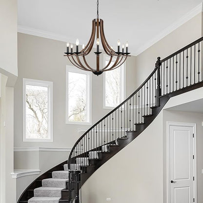 Rustic Chandeliers for Dining Room Light Fixture, 10-Light 35" Adjustable Height Retro Faux Wood Texture Farmhouse Light Fixtures for Living Room Bedroom Foyer Entryway