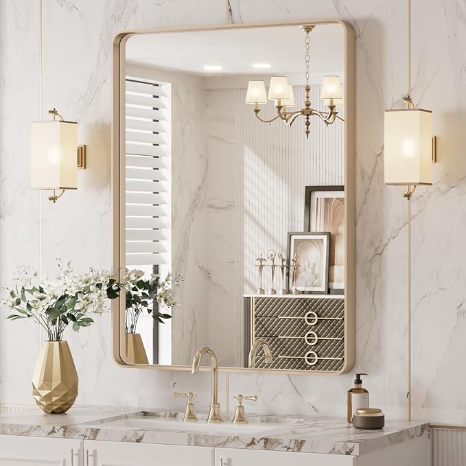 LOAAO 24”X32” Gold Bathroom Mirror, Rounded Rectangle Gold Frame Mirror