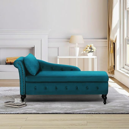 ACMEASE Upholstered Chaise Lounge with Left Armrest & Lumbar Pillow,Button Tufted Lounge Sofa with Storage,Lounge Chair Indoor,Modern Velvet Lounge Chair for Bedroom, Living Room and Office,Teal