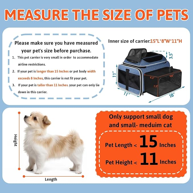 Petskd Top and Side Expandable Pet Carrier 18x11x11 Inches Delta United Airline Approved, Soft-Sided Carrier for Small Cats and Dogs with Locking Safety Zippers and Anti-Scratch Mesh(Blue)
