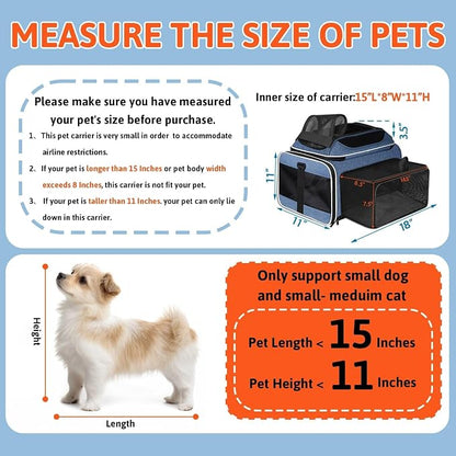 Petskd Top and Side Expandable Pet Carrier 18x11x11 Inches Delta United Airline Approved, Soft-Sided Carrier for Small Cats and Dogs with Locking Safety Zippers and Anti-Scratch Mesh(Blue)