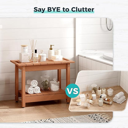 Waterproof Shower Bench, 24" Poly Lumber Shower Stool for Shaving Legs, Shower Chair Seat with Storage Shelf and Handles, Bathroom Bench for Inside Shower, Non-Slip (Brown)