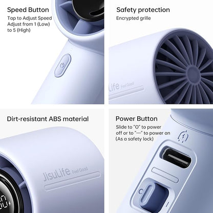 JISULIFE Handheld Turbo Fan, 5000mAh Rechargeable Portable Fans, 5 Speed Strong