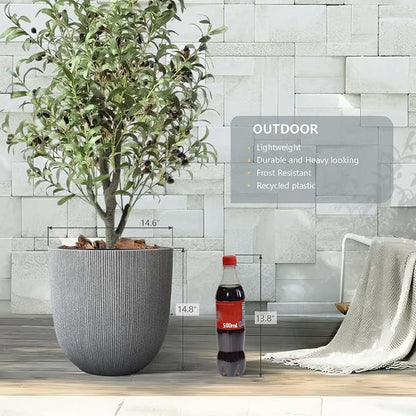 14.8" Tall Round Tapered Planter - Gray Faux Cement Finish, Lightweight Durable Plastic Plant Pot with Drainage Hole & Plug, Weather & UV Resistant Pot for Plants Indoor/Outdoor Use, 12.5" Opening