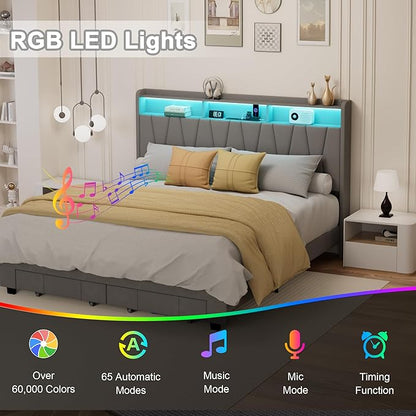 King Size Bed Frame, Velvet Upholstered LED Platform Bed with Headboard Storage, King Bed Frame Built-in Charging Station with 2 Drawers, Wood Slat Support, No Box Spring Needed, Grey