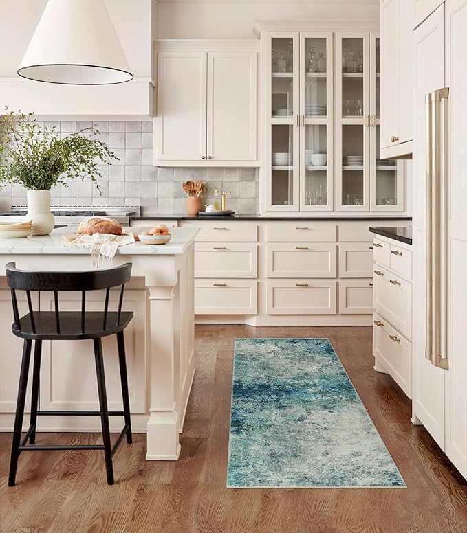 Lahome Modern Abstract Runner Rug with Rubber Backing - 2x6 Washable Rug Runners for Hallways Non Slip, 6 Ft Long Accent Carpet for Bathroom Kitchen Bedroom Entryway,Blue/Grey