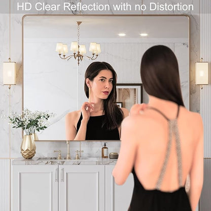 LOAAO 48”X36” Gold Bathroom Mirror, Rounded Rectangle Gold Frame Mirror