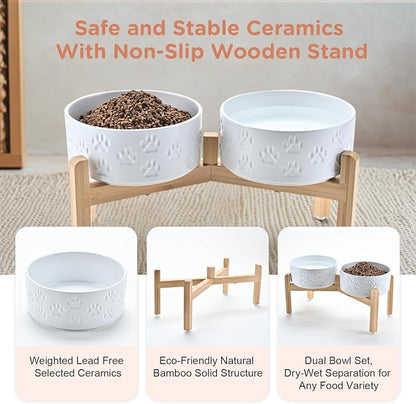 SPUNKYJUNKY Elevated Dog Bowls Ceramic, 7.3'' Dogs Food Water Bowls Raised with Non-Slip Bamboo Stand for Medium to Large Sized Breed Microwave Dishwasher Safe - 42 OZ,Paw White