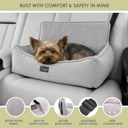 NANDOG Luxury Dog Car Seat Bed for Small Dogs, Soft Micro Plush Pet Seat with Removable & Washable Cushion Insert, Thick Safety Seatbelt Straps, Secure Travel Carrier, Light Grey, 20" L x 16" W