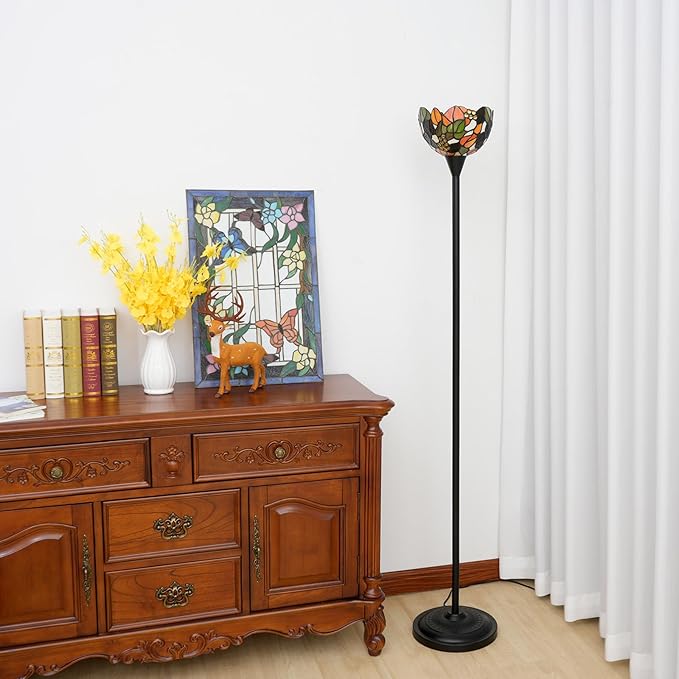 Tiffany Floor Lamp Tochiere Standing Lamp Yellow Grapes Style Stained Glass Floor Light Vintage Tall Pole Uplight Rustic Corner Lamp with Foot Switch for Home Decor Living Room Bedroom