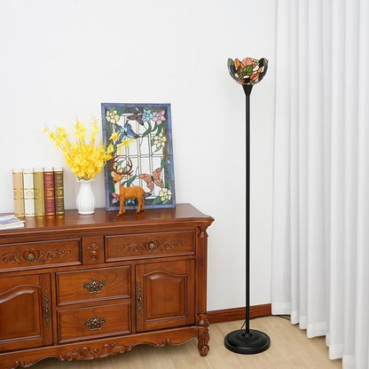 Tiffany Floor Lamp Tochiere Standing Lamp Yellow Grapes Style Stained Glass Floor Light Vintage Tall Pole Uplight Rustic Corner Lamp with Foot Switch for Home Decor Living Room Bedroom