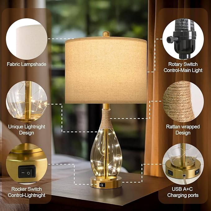 OYEARS 23" Table Lamps for Living Room Set of 2 Bedside Lamps for Night Stands Bedroom Lamps Farmhouse Rattan Boho Lamp Glass Nightlight End Table Lamp with USB C+A (Gold),Two Light Points