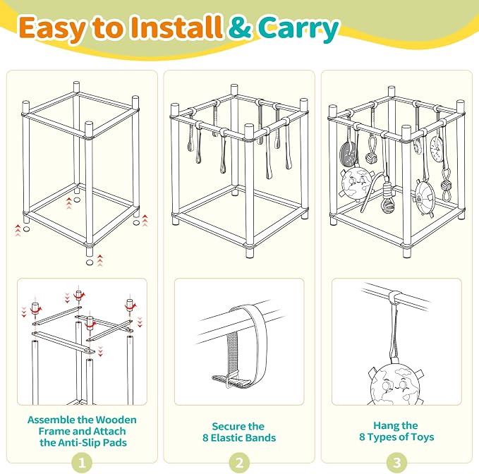 Wooden Puppy Play Gym for Small Dog with 8 Hanging Toys, Pink Frame | Wood Puppy Jungle Gym Indoor & Dog Enrichment Toys for Puppies 0-6 Months