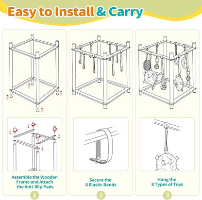 Wooden Puppy Play Gym for Small Dog with 8 Hanging Toys, Pink Frame | Wood Puppy Jungle Gym Indoor & Dog Enrichment Toys for Puppies 0-6 Months