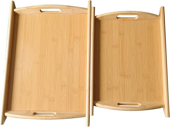 Bamboo Serving Tray Rectangle Platter Breakfast Dinner Food Bed Tray for Eating Kitchen Restaurants (1, 17.3" x 11.8" x 1.2" (with Handle))