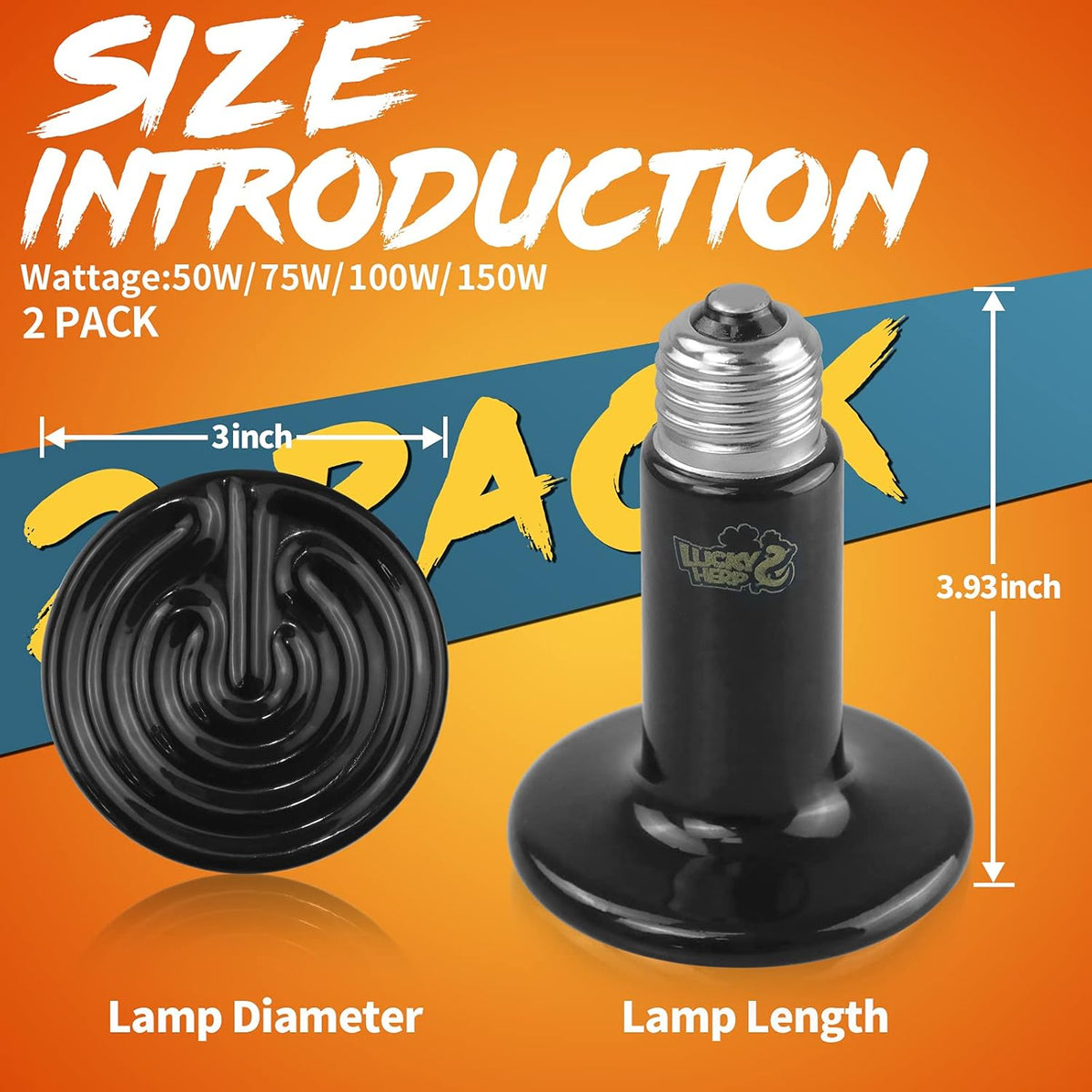 LUCKY HERP 75W Ceramic Heat Emitter, Reptile Heat Bulbs, Ceramic Heat Lamp for Reptiles, Amphibian, Chicken, Dog, Cat (2-Pack)