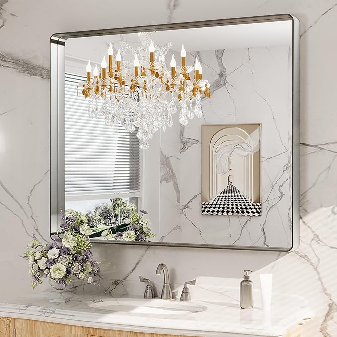 LOAAO 48x40 Inch Brushed Nickel Bathroom Mirror, Rounded Rectangle Silver Metal
