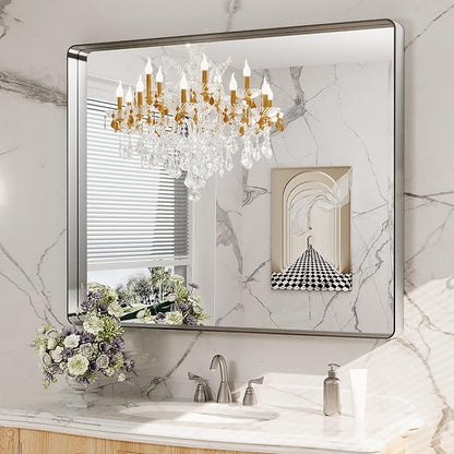 LOAAO 40X36 Inch Brushed Nickel Bathroom Mirror, Rounded Rectangle Silver Metal