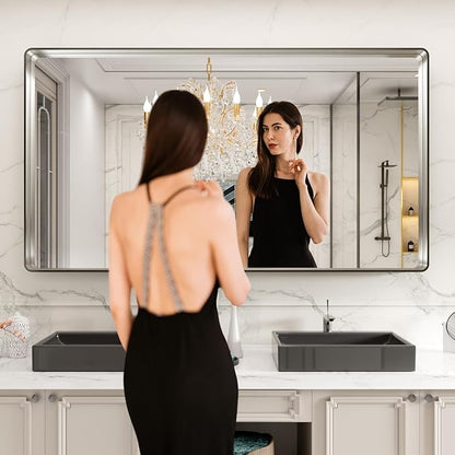 LOAAO 77X36 Inch Brushed Nickel Bathroom Mirror, Rounded Rectangle Silver Metal