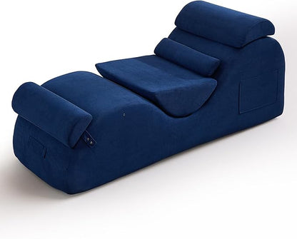 DRMBOOK Yoga Chairs for Adults, Corduroy Fabric Chaise Lounge with Headrest, Boneless Yoga Sofa Couch with Waist Cushion, Movable Footrest, Side Pockets for Relaxation Exercise Stretching (Blue)