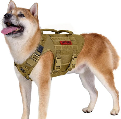 OneTigris Large Tactical Dog Harness, No Pulling Adjustable Dog Vest Harness, Heavy Duty Dog Harness with Handle, Large Hook and Loop Panels for Patch(Brown,S)