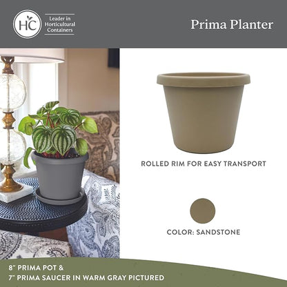 The HC Companies 8 Inch Prima Round Planter Pots with Drainage Holes and Rolled Rim, Lightweight UV-Resistant Plastic Indoor & Outdoor Planters, 4-Pack Flower Pots for Garden & Home Decor, Sandstone