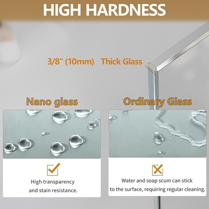 Shower Glass Wall Panel 36" W x 76" H, 3/8" Tempered Glass, Half Frameless