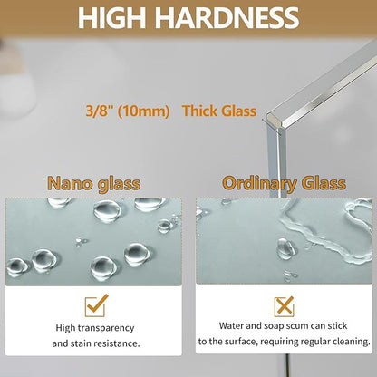 Shower Glass Wall Panel 36" W x 76" H, 3/8" Tempered Glass, Half Frameless