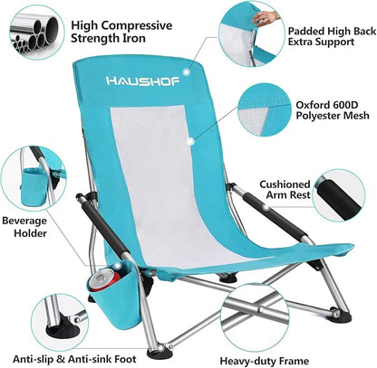 HAUSHOF High Back Beach Chair, Mesh Back Folding Chair, Lightweight Low Seat Camping Chairs with Cup Holder, Carry Bag, Padded Armrest for Outdoor Beach Lawn Camping Picnic Festival