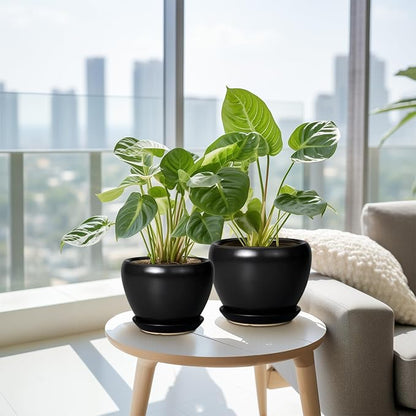 Ceramic Planters Pots - 10 Inch 8 Inch 6 Inch Plant Pots Indoor with Drainage Holes and Saucers Large Planters Mid-Century Flower Pots Outdoor Set of 3 Black