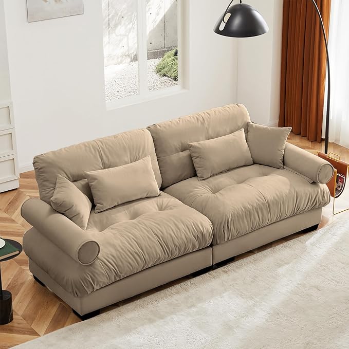 93.7” Loveseat Sofa, 2 Seater Modular Sectional Sofa, Camel Large Sectional Couches for Living Room, Fluffy Couch Set, Love Seat, Velvet Cloud Couch with 4 Pillows, Deep Seat Sofas for Living Room