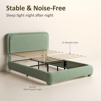 Full Bed Frame, Teddy Velvet Boucle Bed Frame with 43.3"/45.3" Adjustable Upholstered Headboard, Rounded Corners, Mattress Foundation, No Box Spring Required, Green