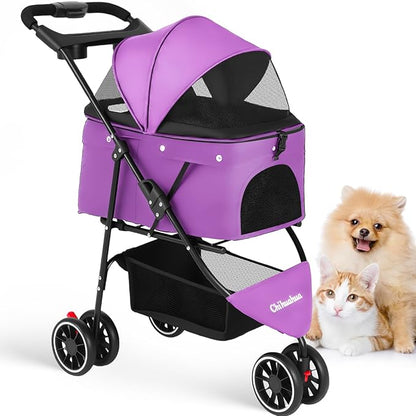 Pet Stroller,Dog Stroller for Small Medium Dogs Cats,3 Wheels,Purple | Foldable,with Breathable Mesh Canopy,Cup Holders,Easy Assembly
