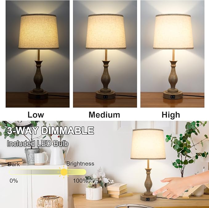 Touch Lamps for Bedrooms Set of 2, Farmhouse Table Lamp with Dual USB Charging Ports, 3 Way Dimmable Nightstand Lamps with Linen Fabric Lampshade for Bedroom (Pack 2-Beige Shade & Antique Brown)