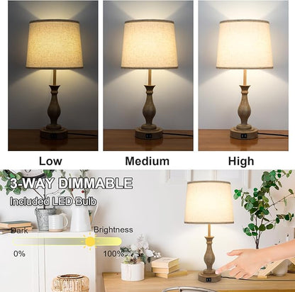 Touch Lamps for Bedrooms Set of 2, Farmhouse Table Lamp with Dual USB Charging Ports, 3 Way Dimmable Nightstand Lamps with Linen Fabric Lampshade for Bedroom (Pack 2-Beige Shade & Antique Brown)
