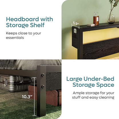 Bestier Full Bed Frame with Storage Headboard and Charging Station, Black Platform Bed Frame with LED Light, Non-Slip Metal Bed Frame, Noise-Free, Easy Assembly